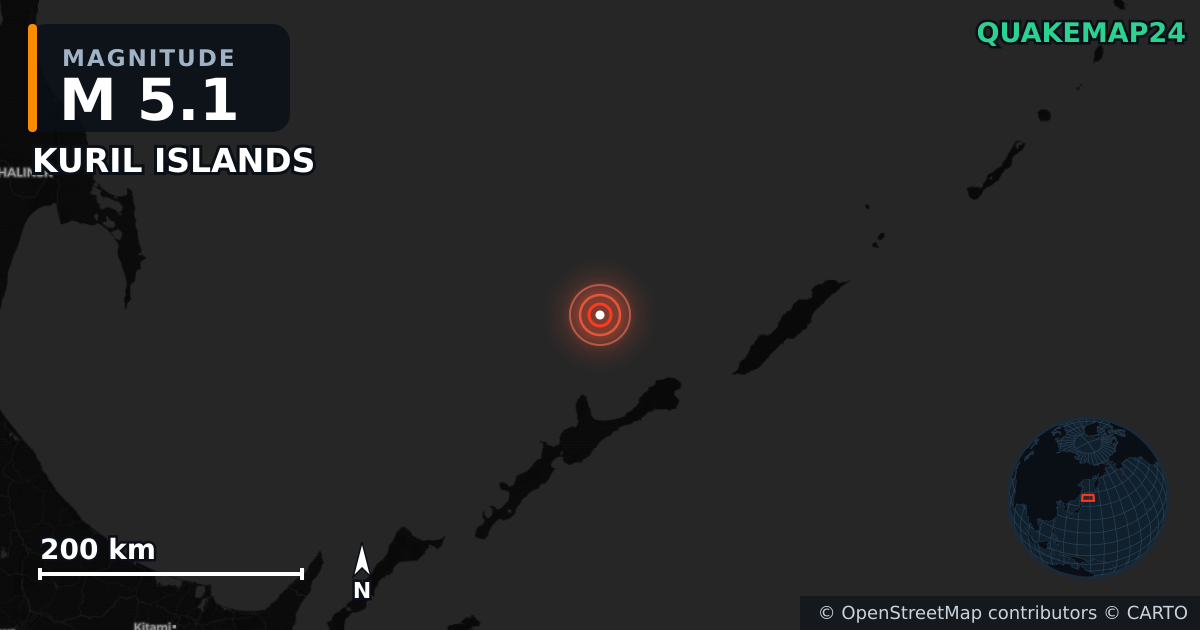 KURIL ISLANDS yakınında M5,1 deprem — Deprem merkez üssünün konumunu gösteren harita