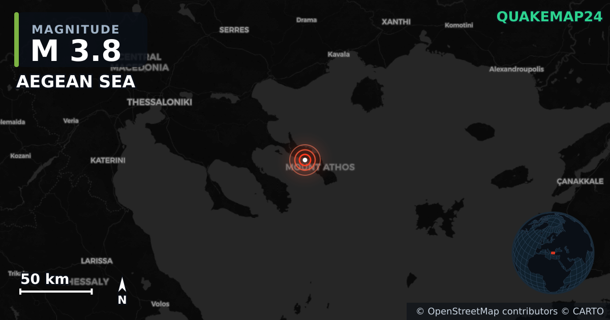 M3.8 earthquake near AEGEAN SEA on Jul 8, 2025 — map of epicenter and shaking intensity | QuakeMap24
