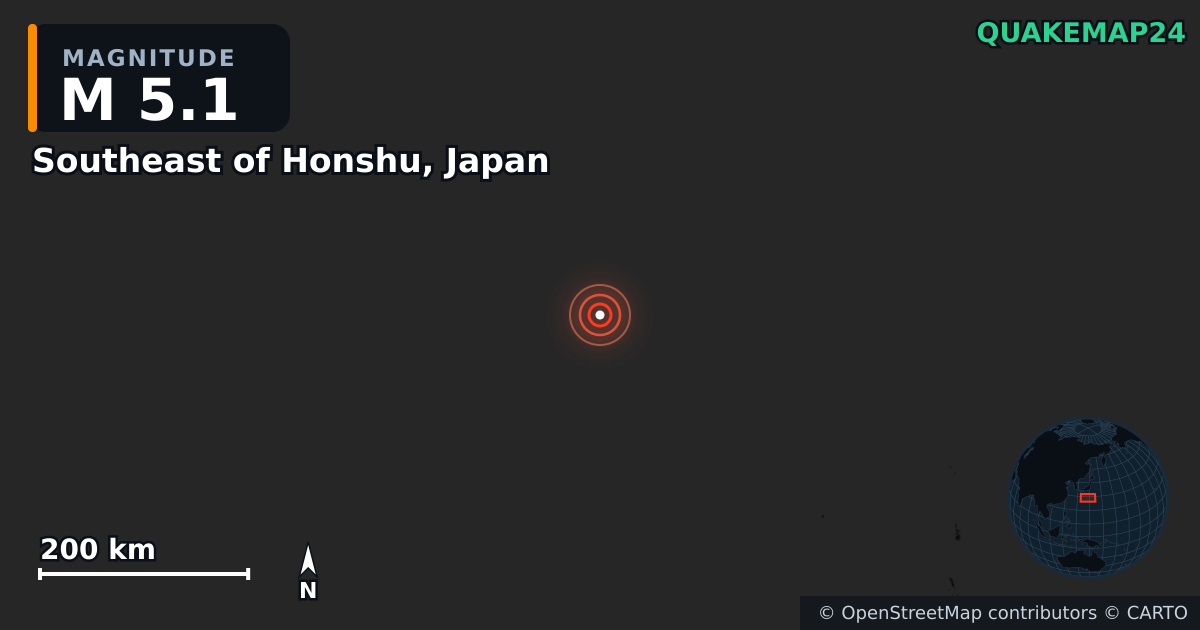 M5.1 earthquake near Southeast of Honshu, Japan on Dec 26, 2025 — map of epicenter and shaking intensity | QuakeMap24