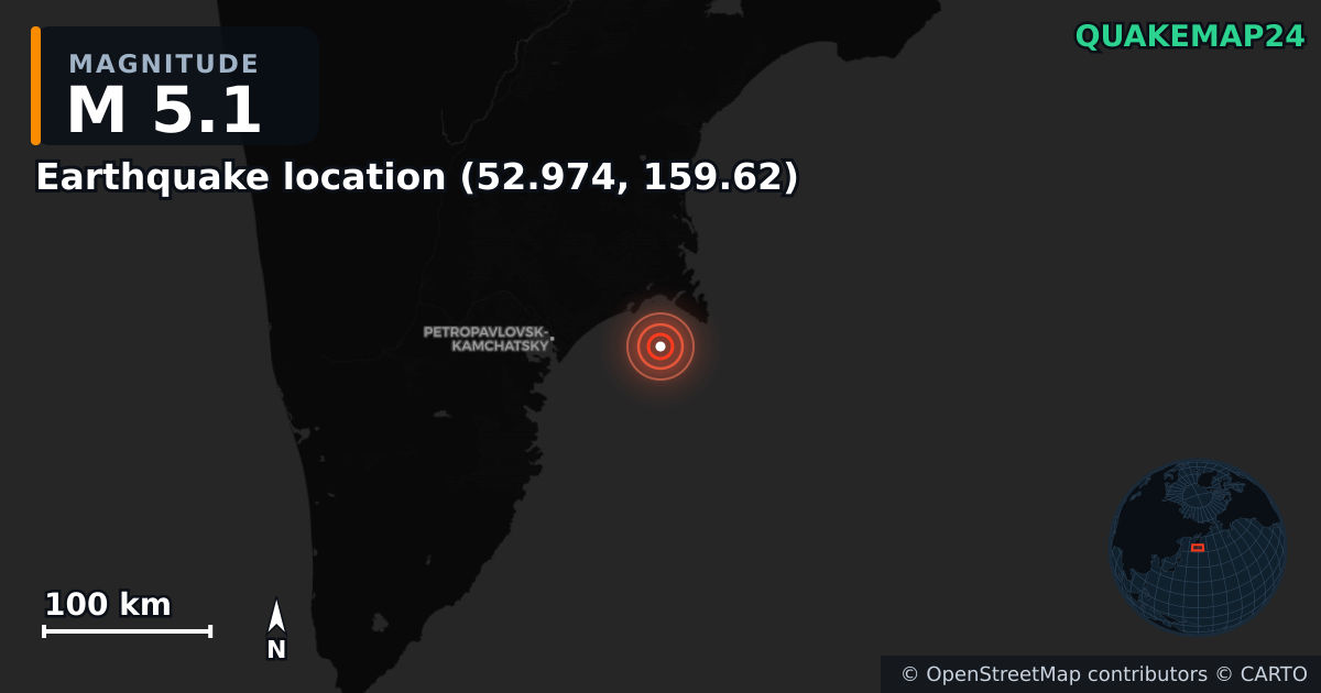 M5.1 earthquake near Deprem konumu (52.974, 159.62) on Sep 10, 2025 — map of epicenter and shaking intensity | QuakeMap24