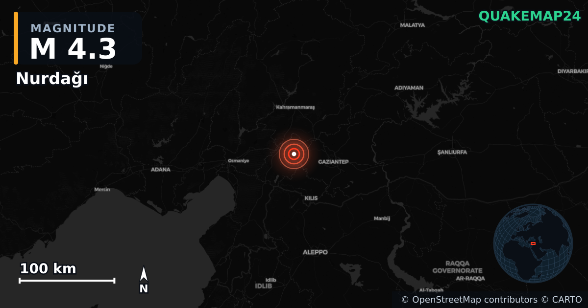 Erdbeben M4,3 bei Nurdağı, Gaziantep (Türkei) · 2026-06-12 — Karte der Lage des Epizentrums
