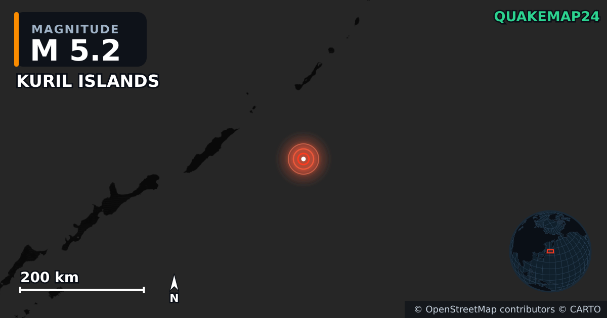 M5.2 earthquake near KURIL ISLANDS on Apr 18, 2026 — map of epicenter and shaking intensity | QuakeMap24
