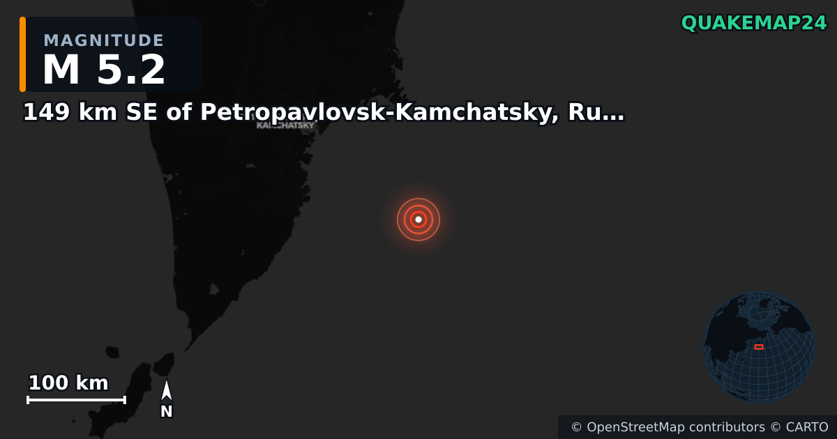 M5.2 earthquake near 149 km SE of Petropavlovsk-Kamchatsky, Russia on Jul 30, 2025 — map of epicenter and shaking intensity | QuakeMap24