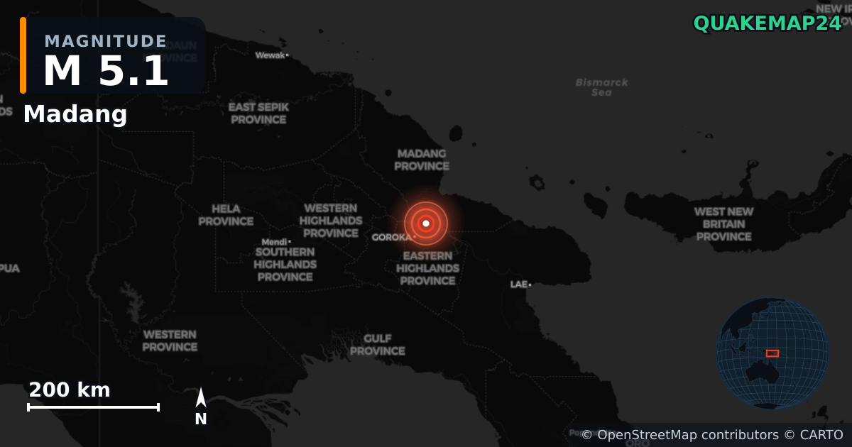 M5.1 earthquake near Madang on Nov 12, 2025 — map of epicenter and shaking intensity | QuakeMap24