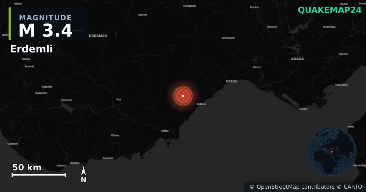 M3.4 earthquake near Erdemli on Aug 6, 2026 — map of epicenter and shaking intensity | QuakeMap24