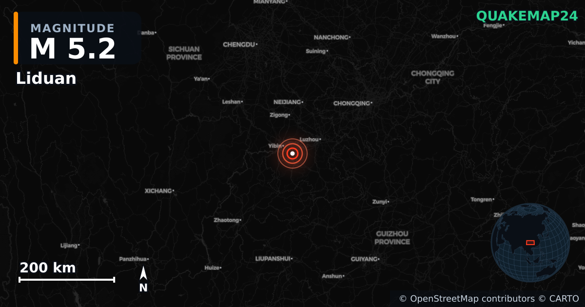 M5.2 earthquake near Liduan on Jun 28, 2026 — map of epicenter and shaking intensity | QuakeMap24