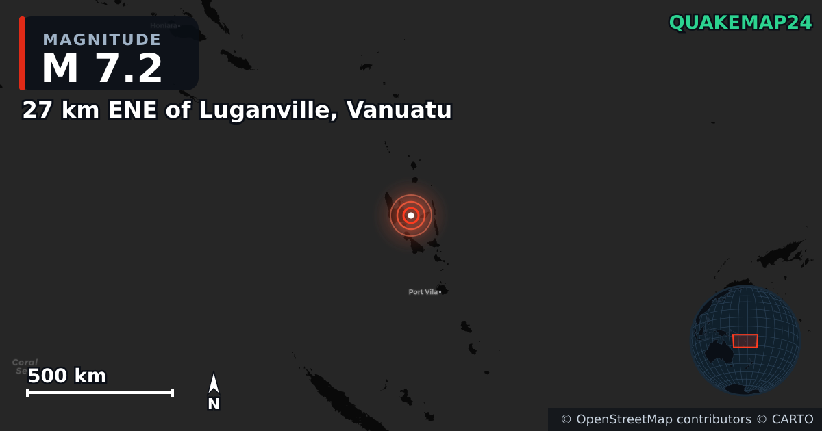 M7.2 earthquake near 27 km ENE of Luganville, Vanuatu on Mar 30, 2026 — map of epicenter and shaking intensity | QuakeMap24