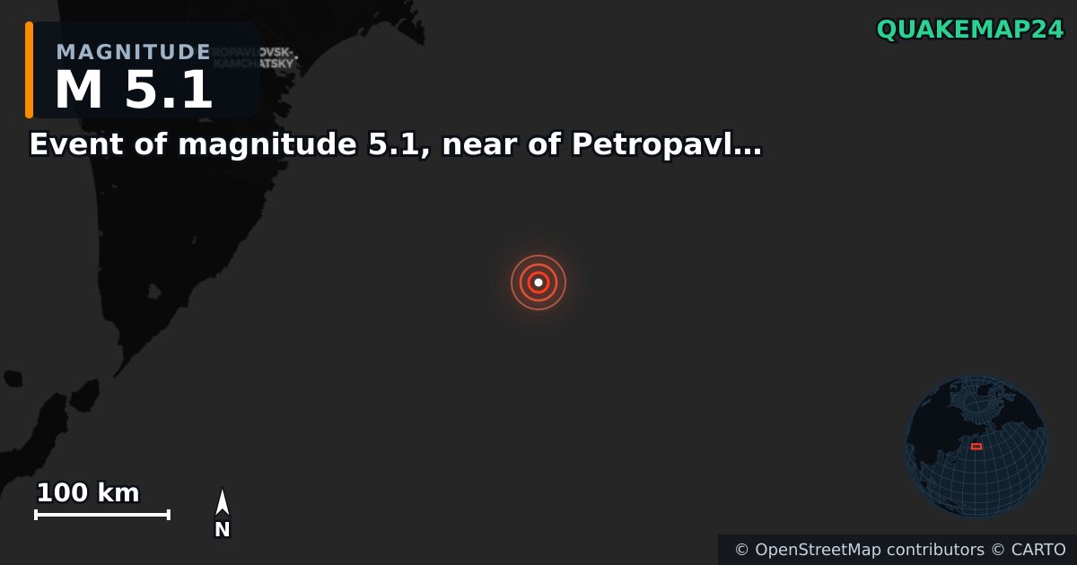 M5.1 earthquake near Event of magnitude 5.1, near of Petropavlovsk Kamchatskiy (Monde) on Jan 27, 2026 — map of epicenter and shaking intensity | QuakeMap24