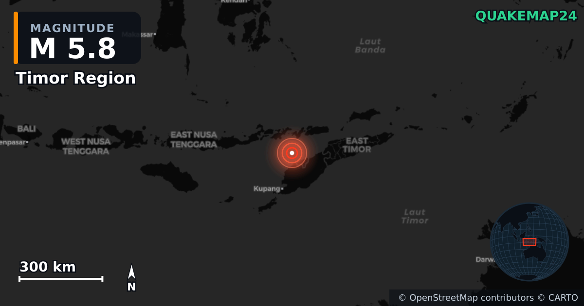 M5.8 earthquake near Timor Region on Oct 26, 2025 — map of epicenter and shaking intensity | QuakeMap24
