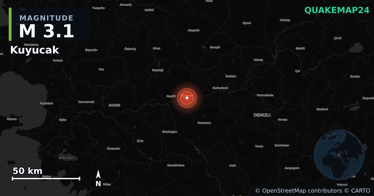 M3.1 earthquake near Kuyucak on Dec 10, 2025 — map of epicenter and shaking intensity | QuakeMap24