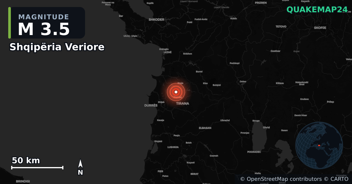 M3.5 earthquake near Shqipëria Veriore on Jun 24, 2025 — map of epicenter and shaking intensity | QuakeMap24
