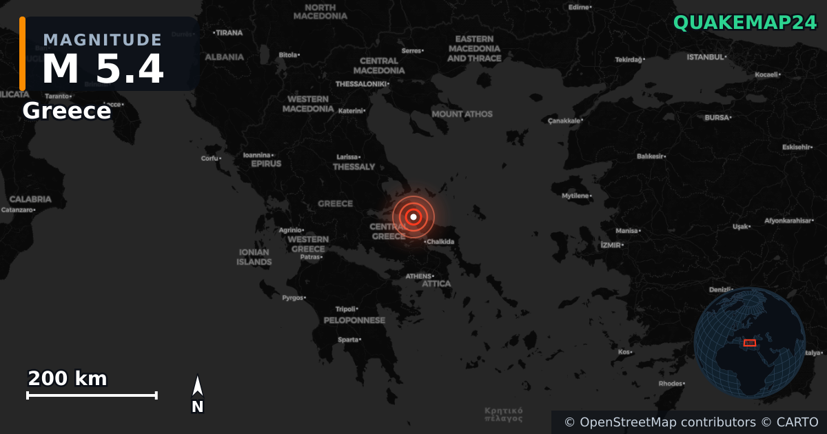 M5.4 earthquake near Greece on Jun 7, 2026 — map of epicenter and shaking intensity | QuakeMap24