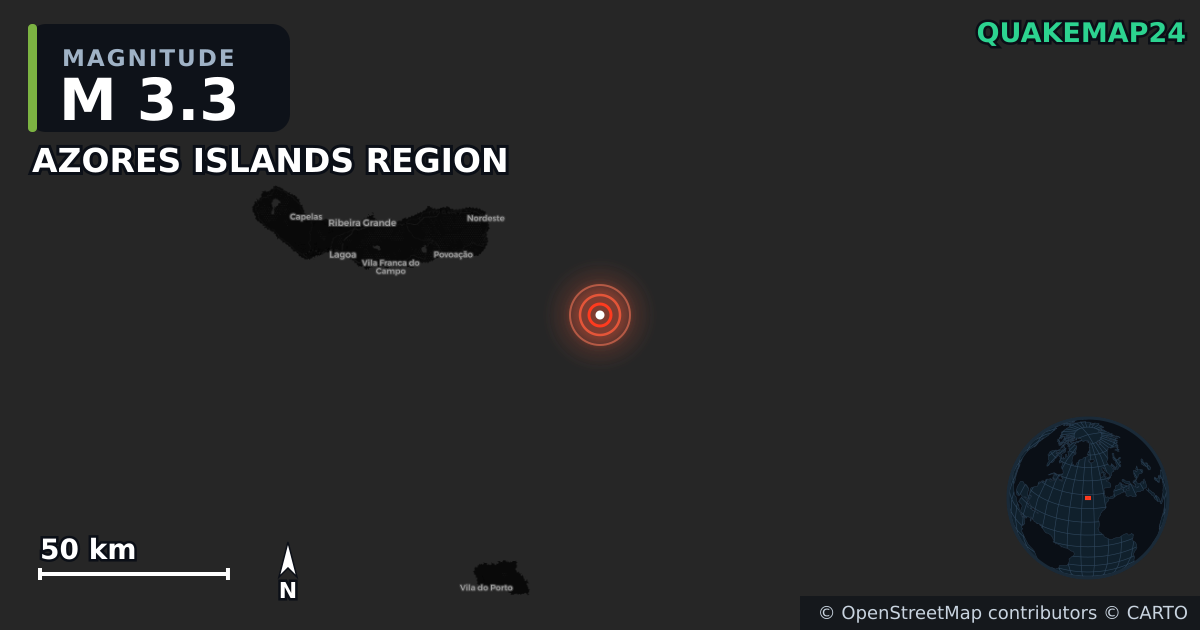 M3.3 earthquake near AZORES ISLANDS REGION on Dec 12, 2025 — map of epicenter and shaking intensity | QuakeMap24