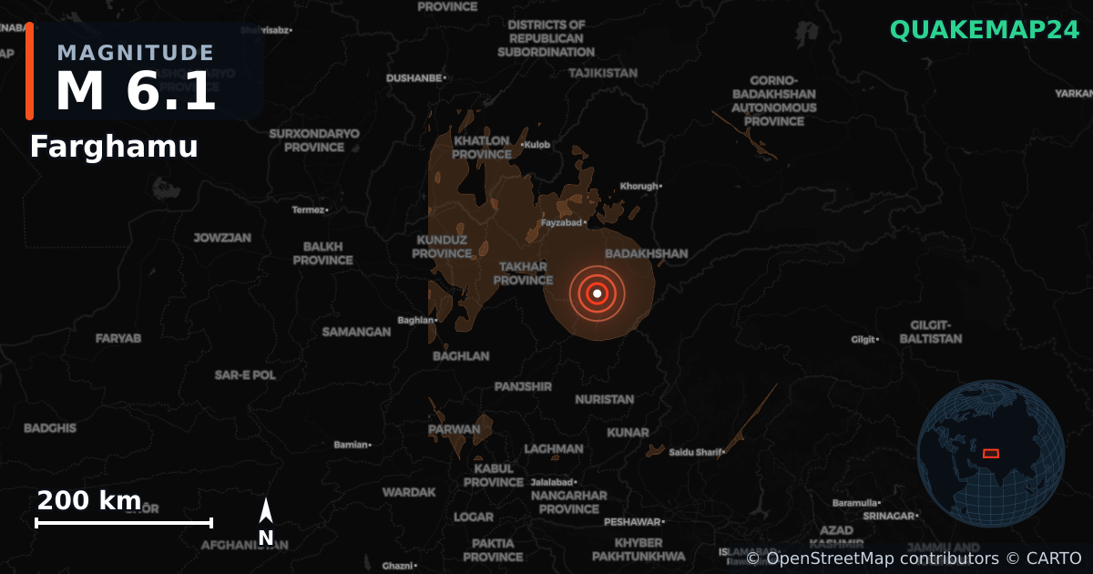 M6.1 earthquake near Farghamu on Jun 27, 2026 — map of epicenter and shaking intensity | QuakeMap24