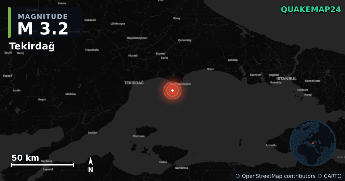 M3.2 earthquake near Tekirdağ on Nov 13, 2025 — map of epicenter and shaking intensity | QuakeMap24