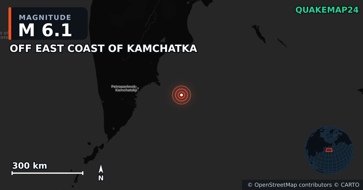 M6.1 earthquake near OFF EAST COAST OF KAMCHATKA on Jul 24, 2025 — map of epicenter and shaking intensity | QuakeMap24