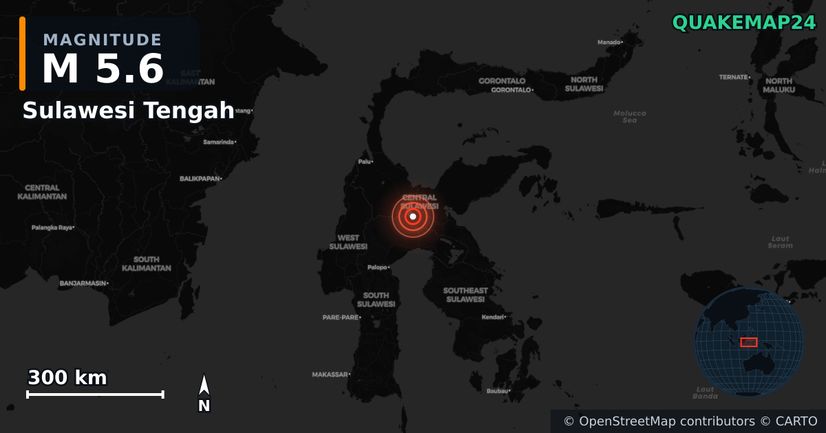 M5.6 earthquake near Sulawesi Tengah on Jul 24, 2025 — map of epicenter and shaking intensity | QuakeMap24