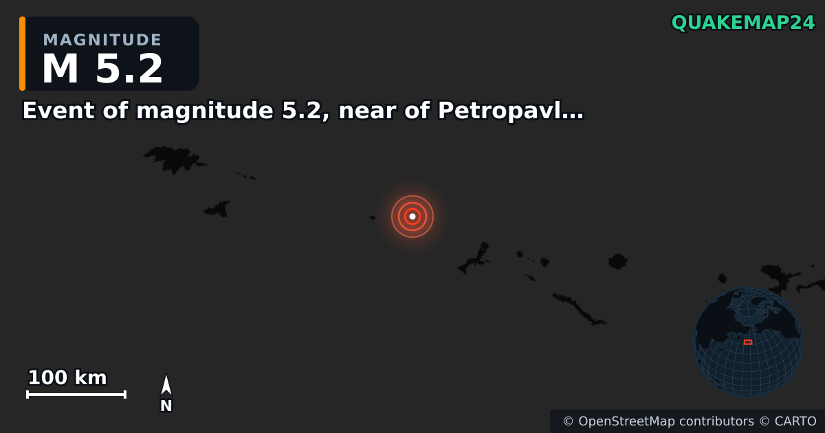 M5.2 earthquake near Event of magnitude 5.2, near of Petropavlovsk Kamchatskiy (Monde) on Mar 3, 2026 — map of epicenter and shaking intensity | QuakeMap24