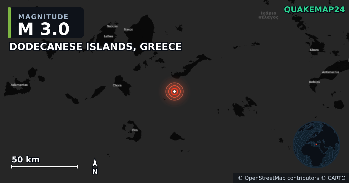 M3.0 earthquake near DODECANESE ISLANDS, GREECE on Oct 16, 2025 — map of epicenter and shaking intensity | QuakeMap24