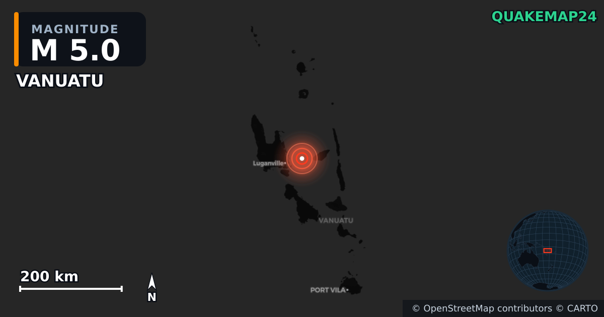 M5.0 earthquake near VANUATU on Apr 22, 2026 — map of epicenter and shaking intensity | QuakeMap24