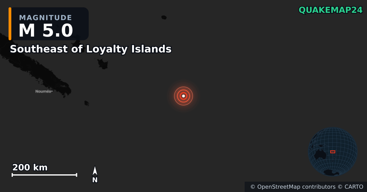 M5.0 earthquake near Southeast of Loyalty Islands on Sep 22, 2025 — map of epicenter and shaking intensity | QuakeMap24