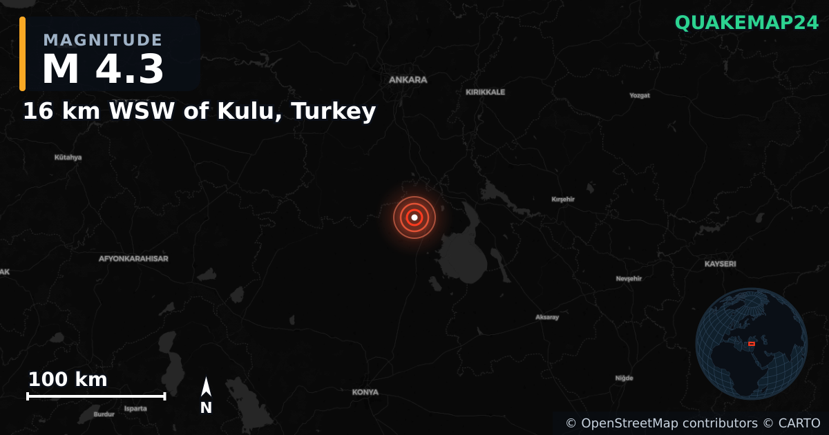 M4.3 earthquake near 16 km WSW of Kulu, Turkey on Mar 14, 2025 — map of epicenter and shaking intensity | QuakeMap24