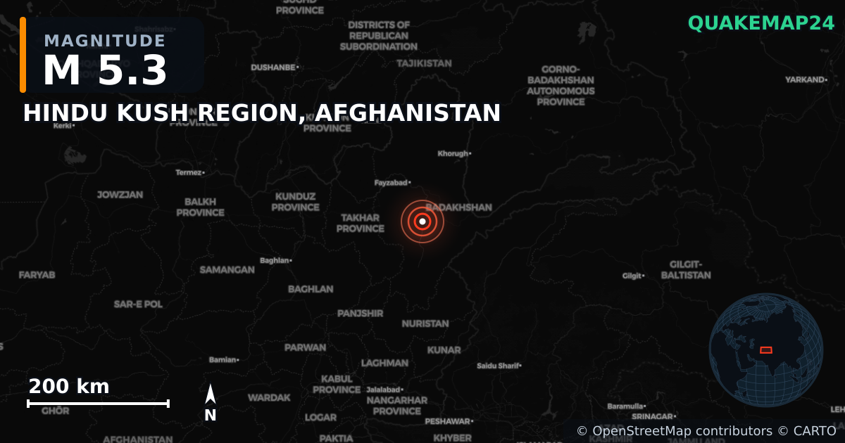 M5.3 earthquake near HINDU KUSH REGION, AFGHANISTAN on Apr 18, 2026 — map of epicenter and shaking intensity | QuakeMap24
