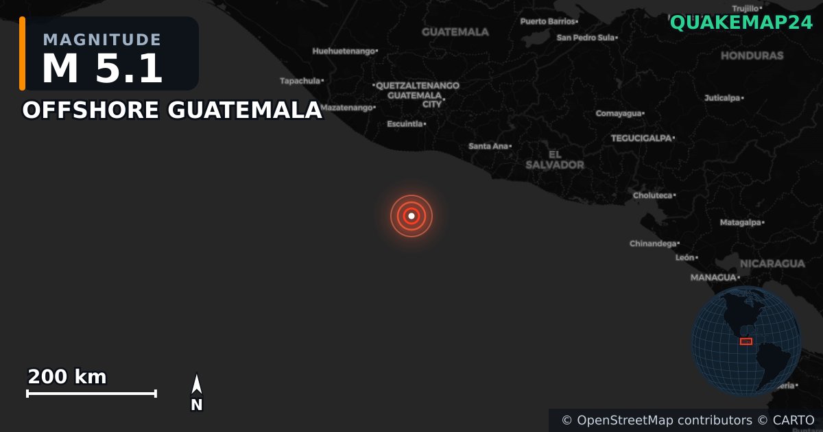 OFFSHORE GUATEMALA yakınında M5,1 deprem — Deprem merkez üssünün konumunu gösteren harita