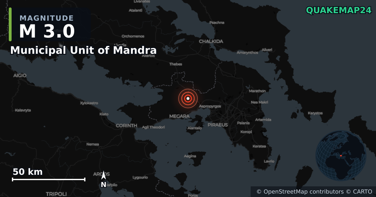 Erdbeben M3,0 bei Municipal Unit of Mandra, Attica (Griechenland) · 2026-10-19 — Karte der Lage des Epizentrums