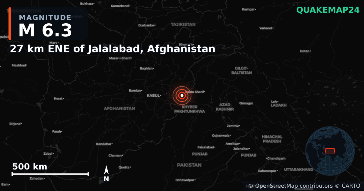 M6.3 earthquake near 27 km ENE of Jalalabad, Afghanistan on Aug 31, 2025 — map of epicenter and shaking intensity | QuakeMap24