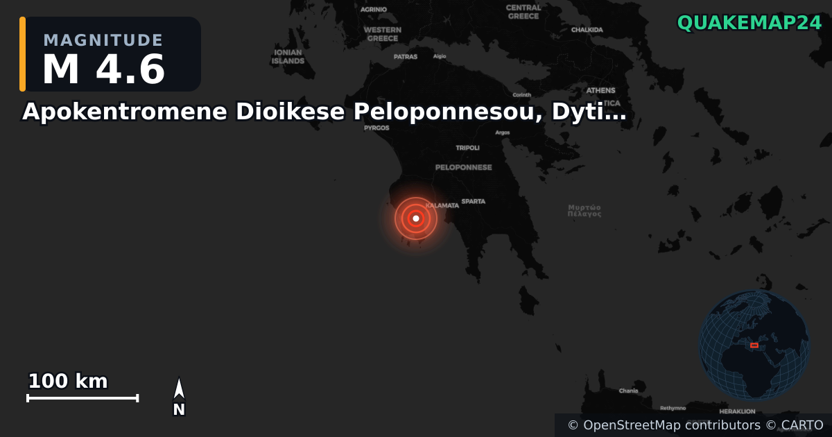 M4.6 earthquake near Apokentromene Dioikese Peloponnesou, Dytikes Elladas kai Ioniou on May 27, 2025 — map of epicenter and shaking intensity | QuakeMap24