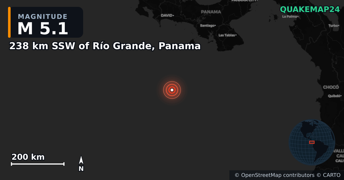 Sismo de M5,1 perto de 238 km SSW of Río Grande, Panama · 2026-08-05 — Mapa da localização do epicentro