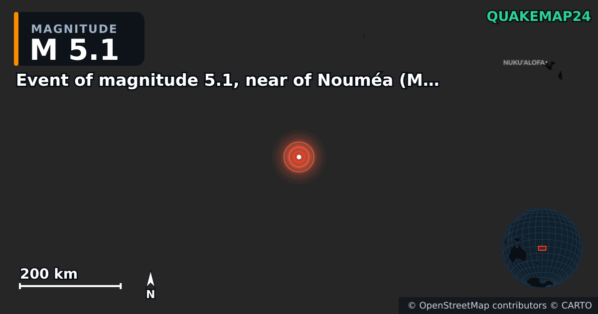 M5.1 earthquake near Event of magnitude 5.1, near of Nouméa (Monde) on Mar 20, 2026 — map of epicenter and shaking intensity | QuakeMap24