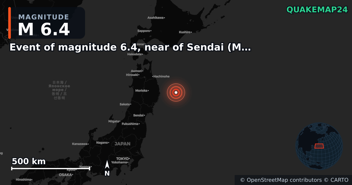 M6.4 earthquake near Event of magnitude 6.4, near of Sendai (Monde) on Nov 9, 2025 — map of epicenter and shaking intensity | QuakeMap24