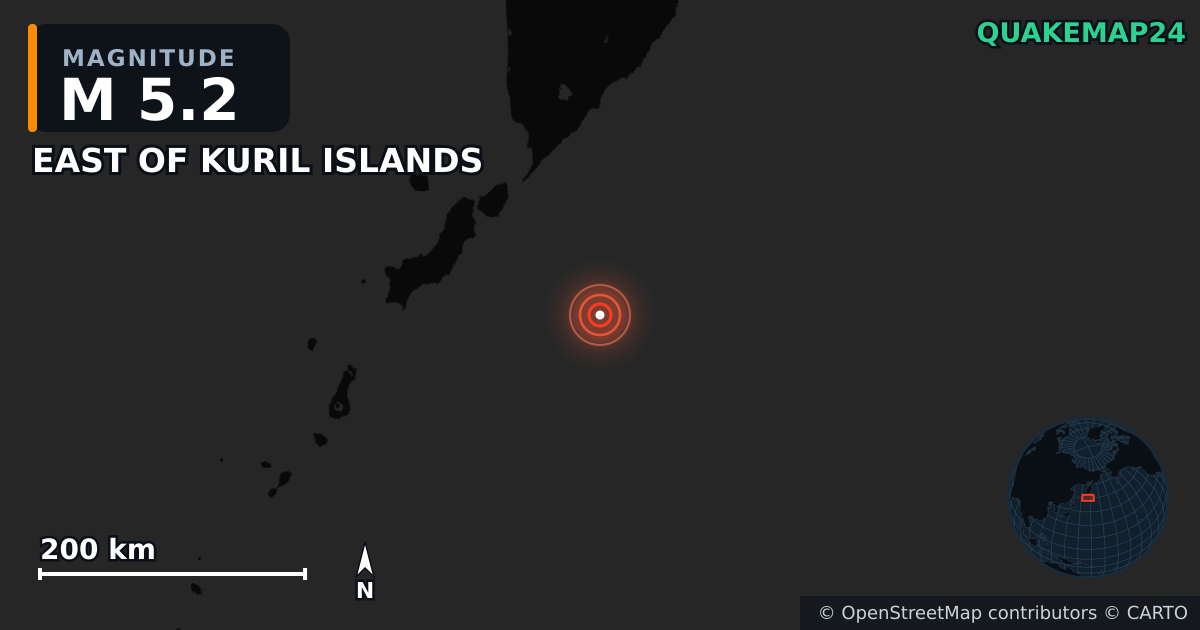 M5.2 earthquake near EAST OF KURIL ISLANDS on Jul 30, 2025 — map of epicenter and shaking intensity | QuakeMap24