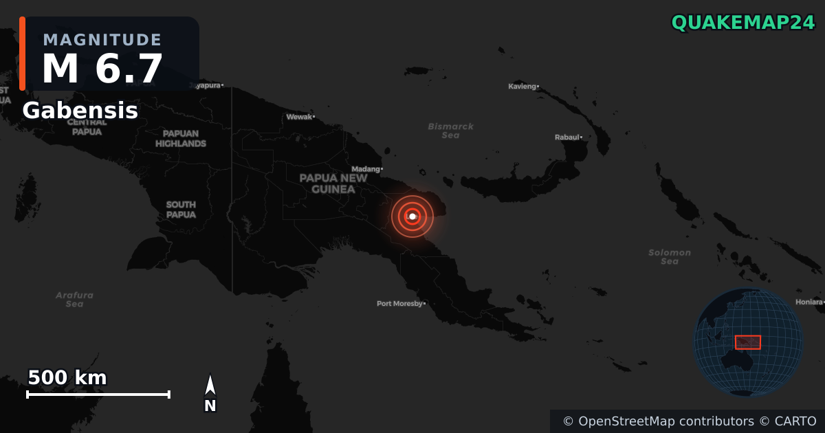 M6.7 earthquake near Gabensis on Oct 7, 2025 — map of epicenter and shaking intensity | QuakeMap24
