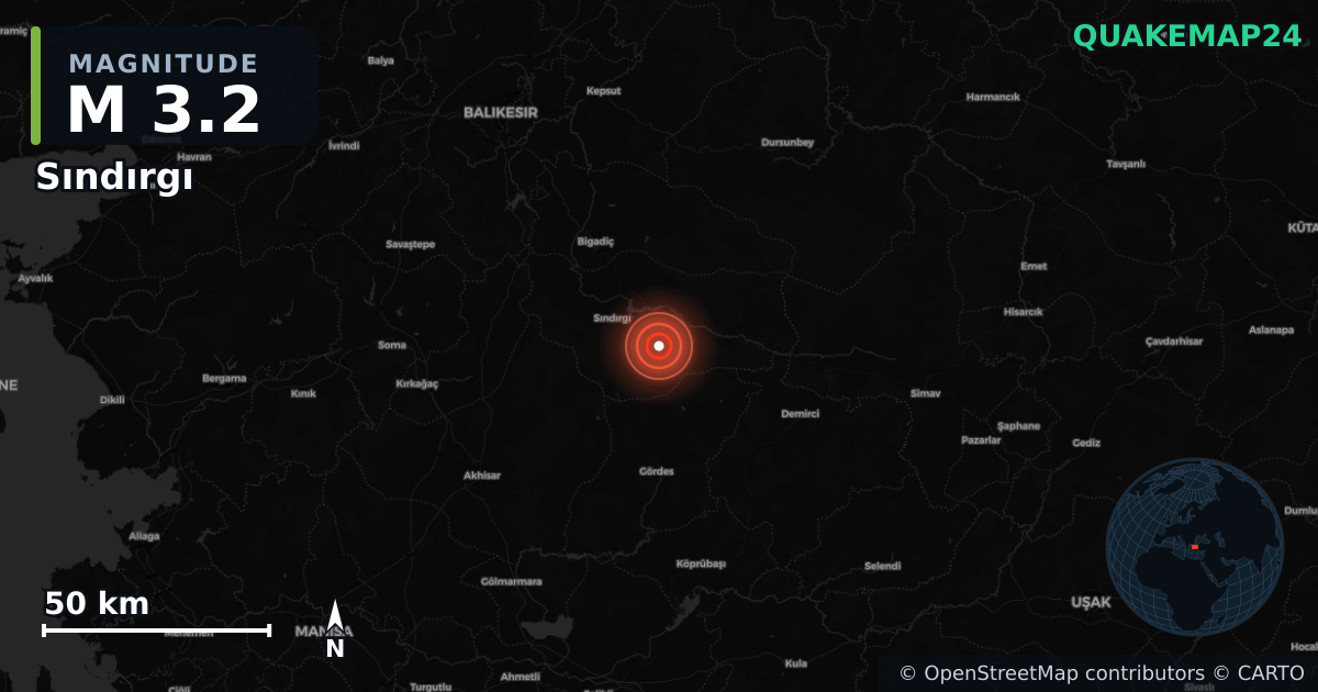 M3.2 earthquake near Sındırgı on Jan 8, 2026 — map of epicenter and shaking intensity | QuakeMap24