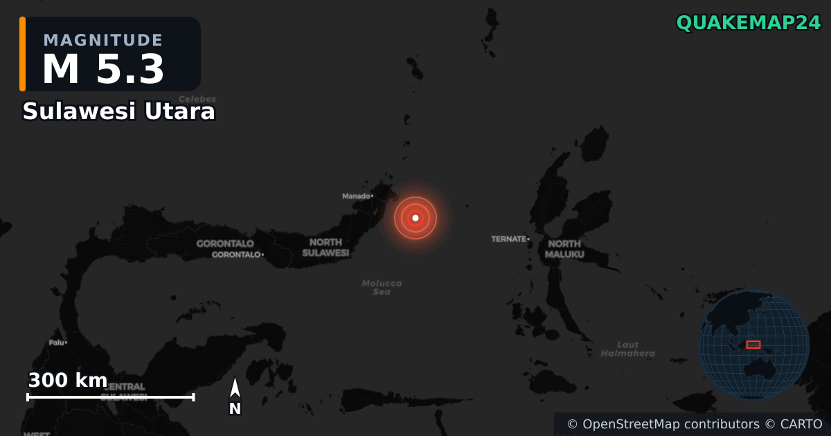 M5.3 earthquake near Sulawesi Utara on Aug 13, 2025 — map of epicenter and shaking intensity | QuakeMap24