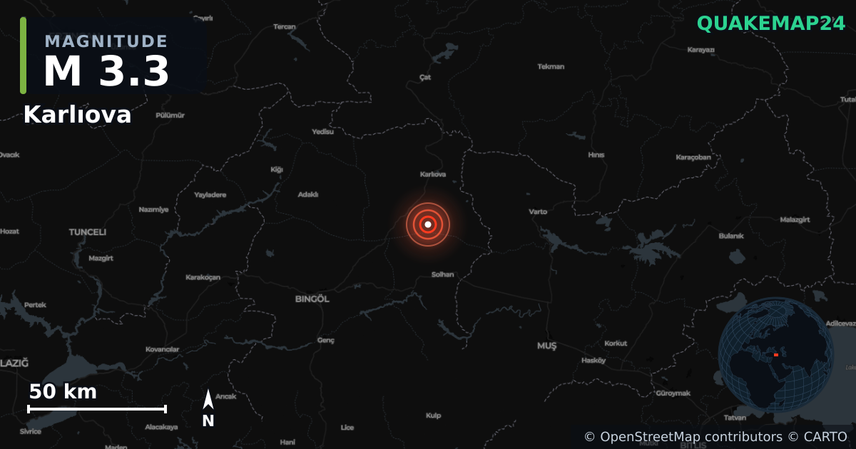 Séisme de M3,3 près de Karlıova, Bingöl (Turquie) · 2026-05-27 — Carte de localisation de l’épicentre