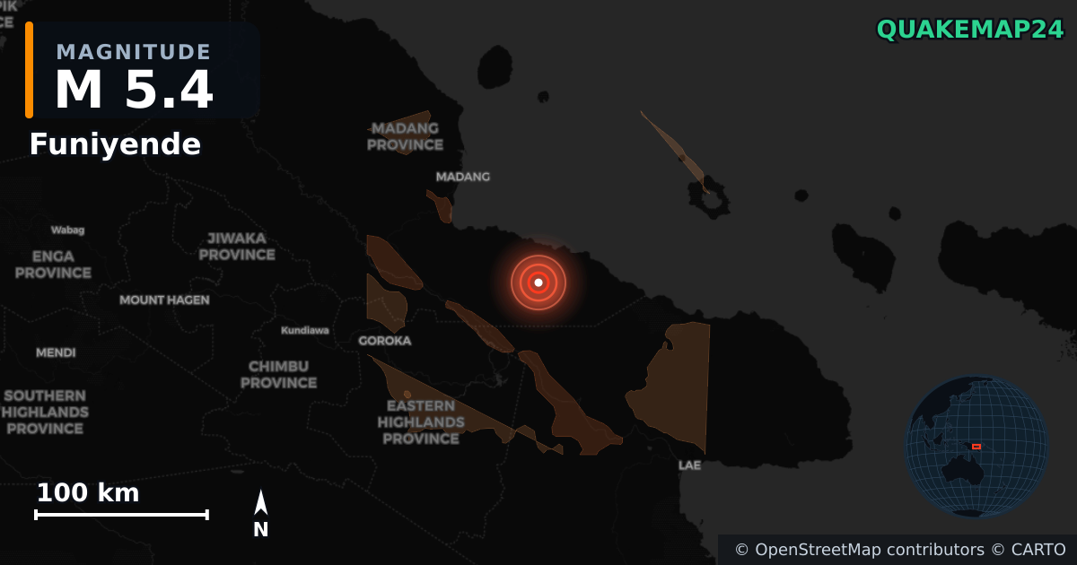 Erdbeben M5,4 bei Funiyende, Madang (Papua-Neuguinea) · 2026-09-20 — Karte der Lage des Epizentrums