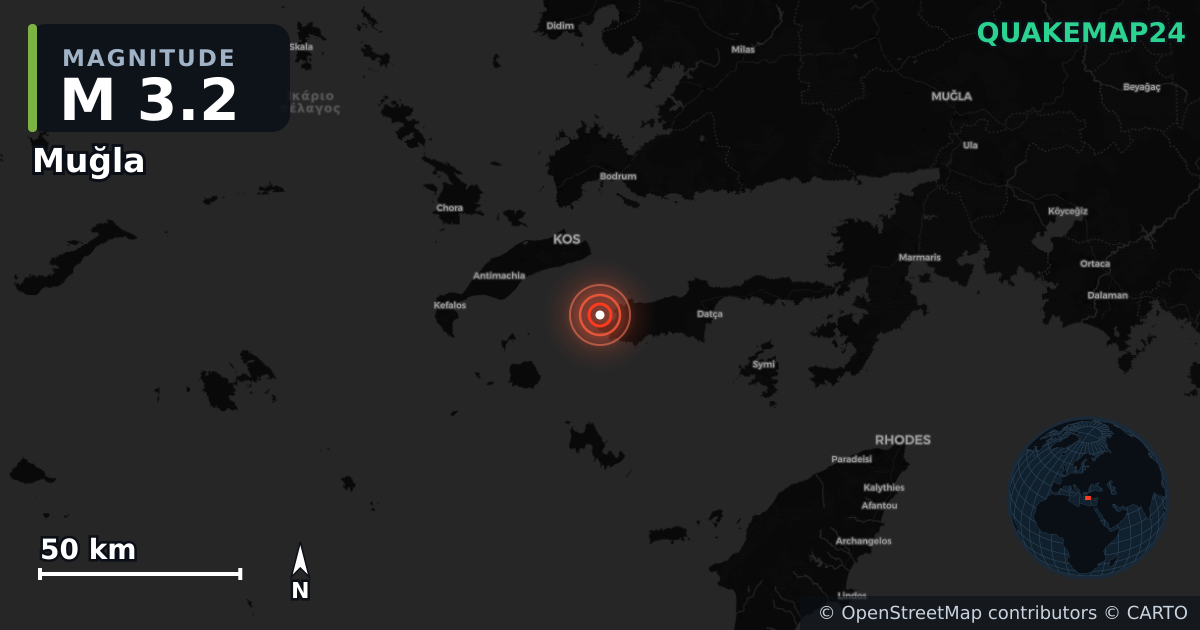 M3.2 earthquake near Muğla on Oct 2, 2025 — map of epicenter and shaking intensity | QuakeMap24