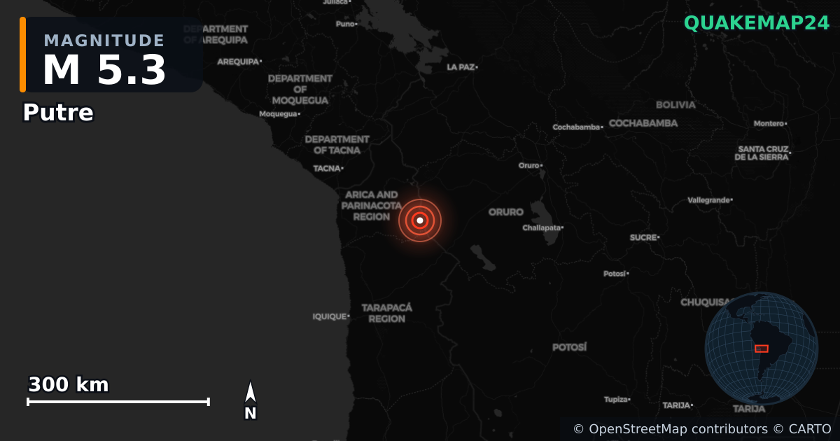 M5.3 earthquake near Putre on Jul 10, 2025 — map of epicenter and shaking intensity | QuakeMap24