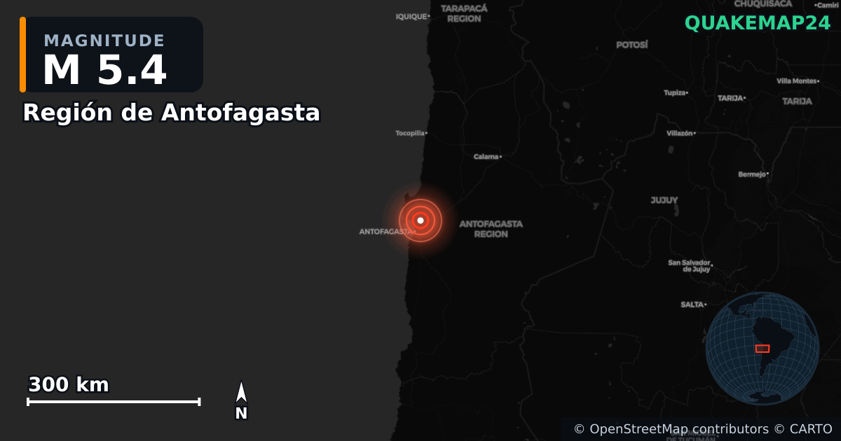 M5.4 earthquake near Región de Antofagasta on Nov 10, 2025 — map of epicenter and shaking intensity | QuakeMap24