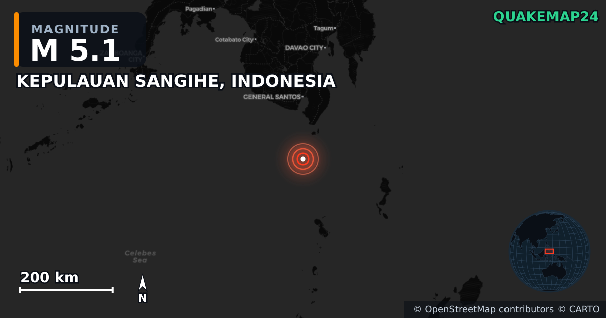 M5.1 earthquake near KEPULAUAN SANGIHE, INDONESIA on Jun 8, 2026 — map of epicenter and shaking intensity | QuakeMap24