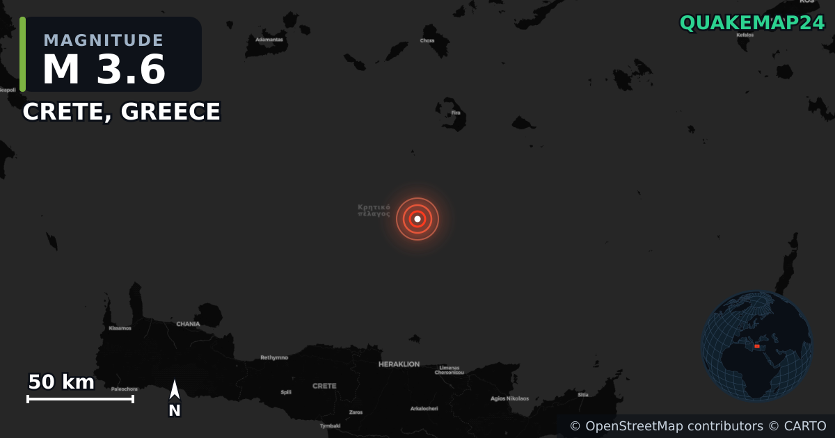 M3.6 earthquake near CRETE, GREECE on Dec 20, 2025 — map of epicenter and shaking intensity | QuakeMap24