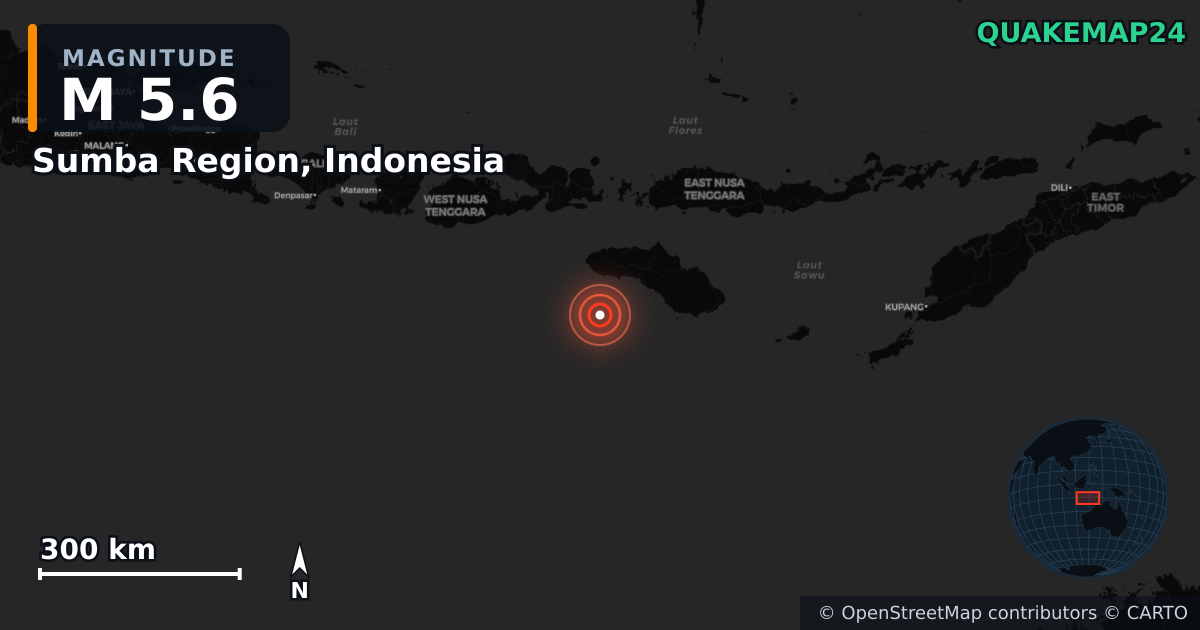M5.6 earthquake near Sumba Region, Indonesia on Jul 17, 2025 — map of epicenter and shaking intensity | QuakeMap24