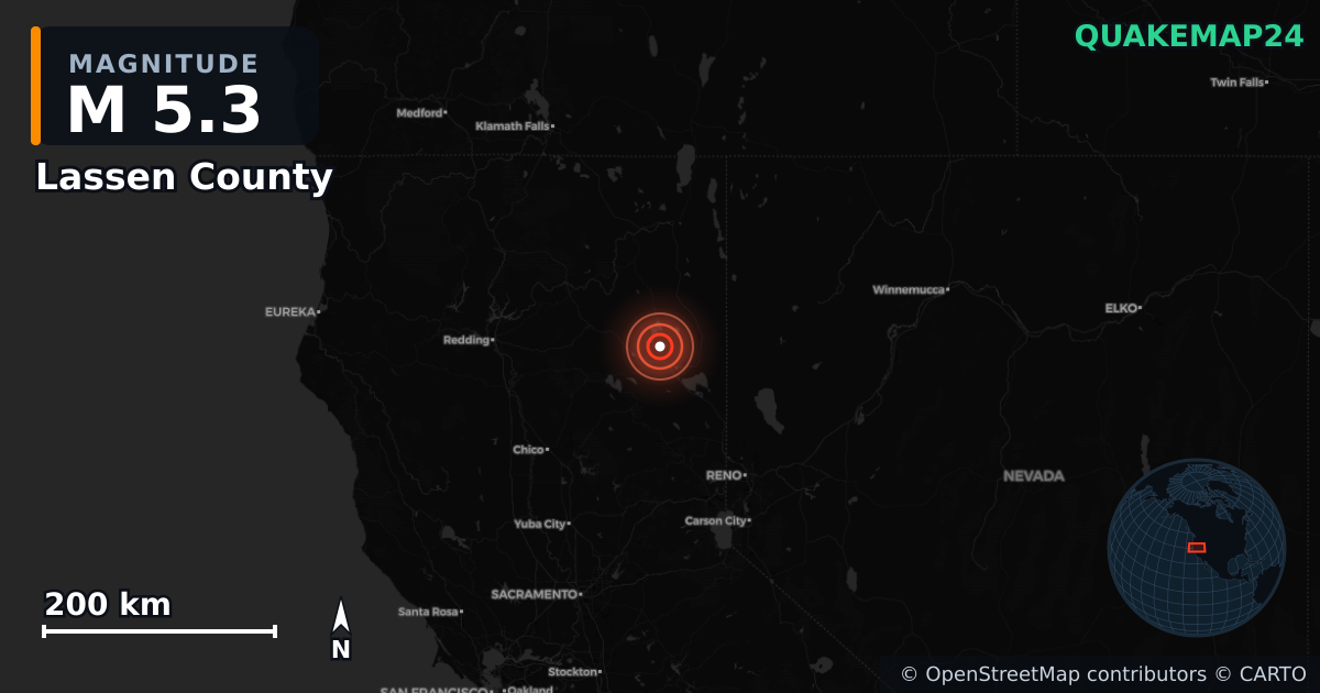 M5.3 earthquake near Lassen County on Dec 31, 2025 — map of epicenter and shaking intensity | QuakeMap24
