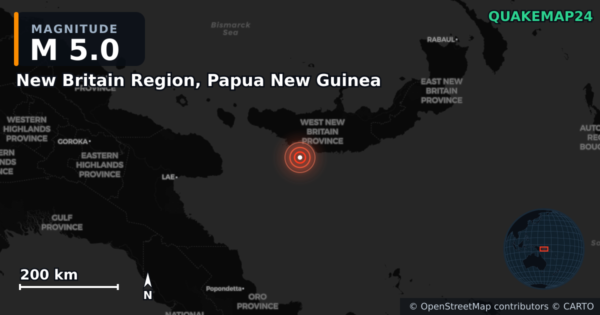 M5.0 earthquake near New Britain Region, Papua New Guinea on Sep 1, 2025 — map of epicenter and shaking intensity | QuakeMap24