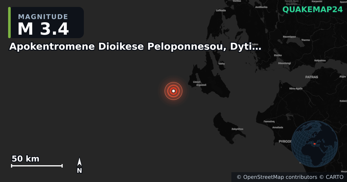 M3.4 earthquake near Apokentromene Dioikese Peloponnesou, Dytikes Elladas kai Ioniou on Oct 17, 2025 — map of epicenter and shaking intensity | QuakeMap24