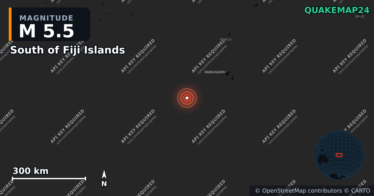 M5.5 earthquake near South of Fiji Islands on Feb 22, 2026 — map of epicenter and shaking intensity | QuakeMap24